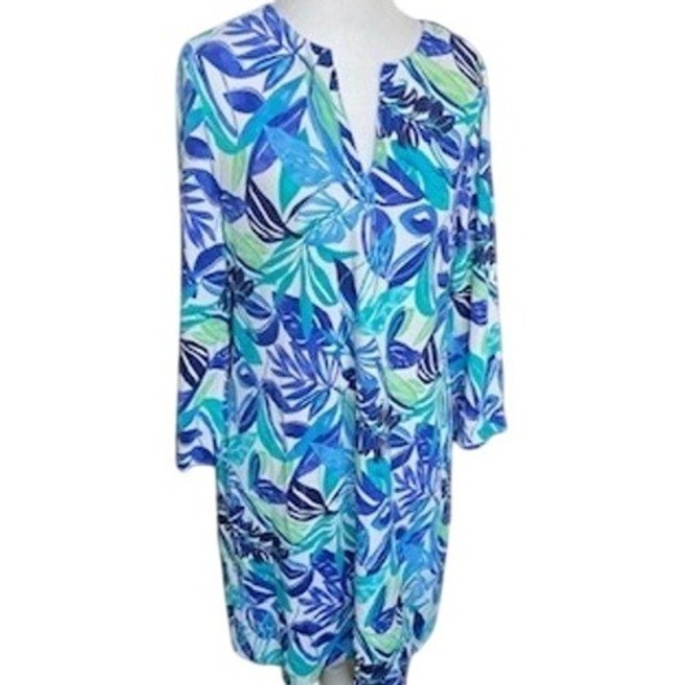 Tommy Bahama NWT Shift Dress Small Beach Glass Blue Tropical Leaf 3/4 Sleeve
